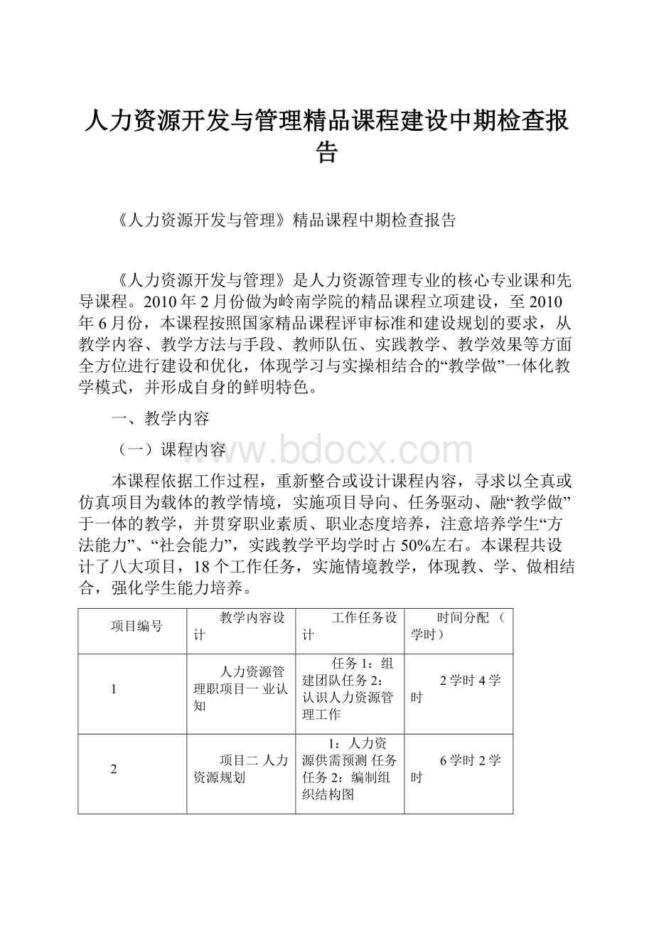 人力资源开发与管理精品课程建设中期检查报告.docx_第1页