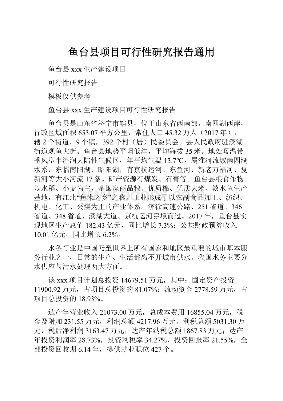 鱼台县项目可行性研究报告通用Word格式文档下载.docx_第1页