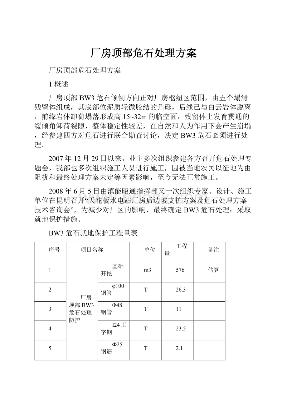 厂房顶部危石处理方案Word文档格式.docx