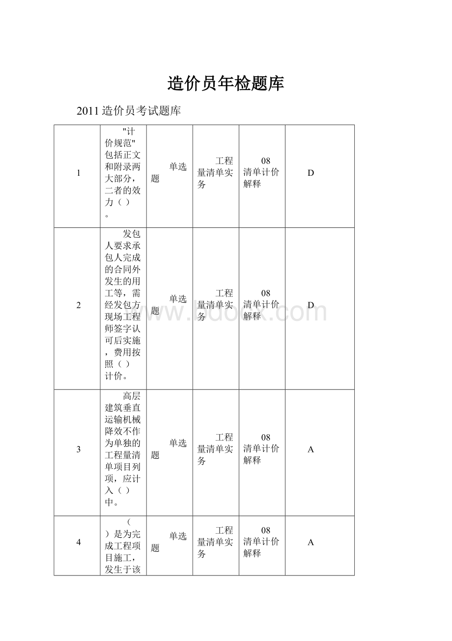 造价员年检题库Word格式.docx