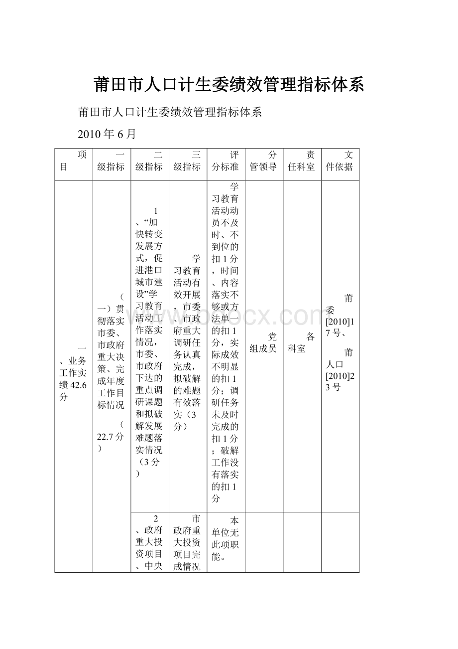 莆田市人口计生委绩效管理指标体系Word文件下载.docx_第1页