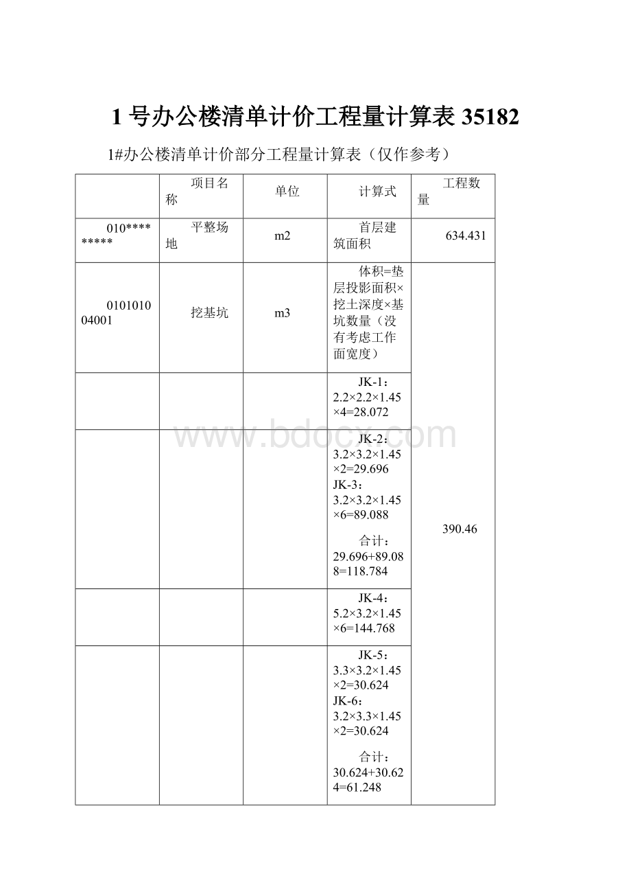 1号办公楼清单计价工程量计算表35182Word文档下载推荐.docx