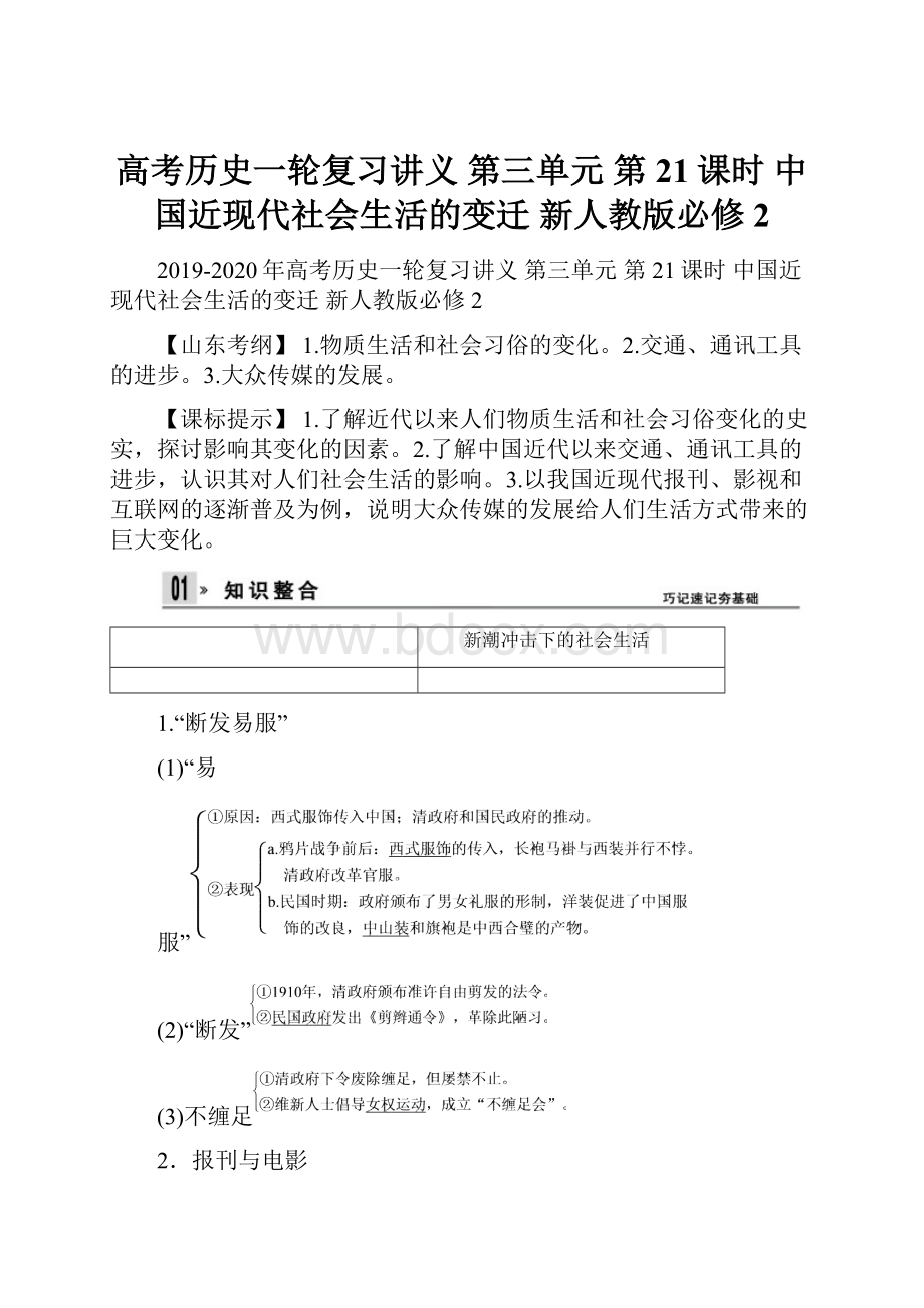 高考历史一轮复习讲义第三单元 第21课时 中国近现代社会生活的变迁 新人教版必修2Word格式文档下载.docx