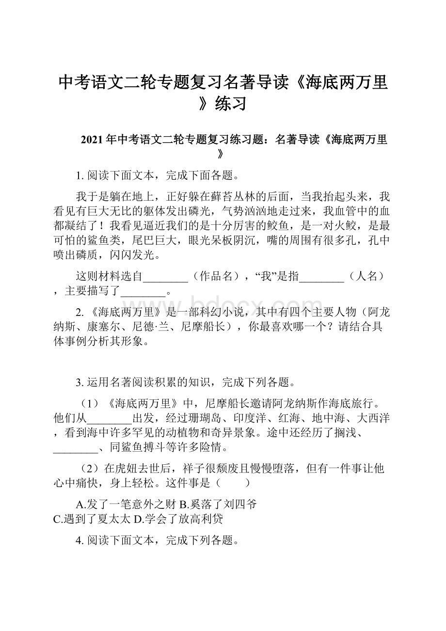 中考语文二轮专题复习名著导读《海底两万里》练习文档格式.docx_第1页