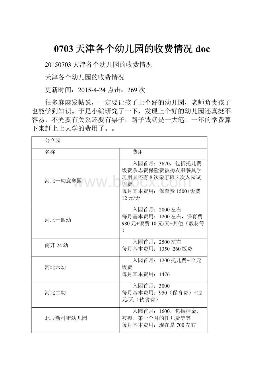 0703天津各个幼儿园的收费情况docWord文档下载推荐.docx