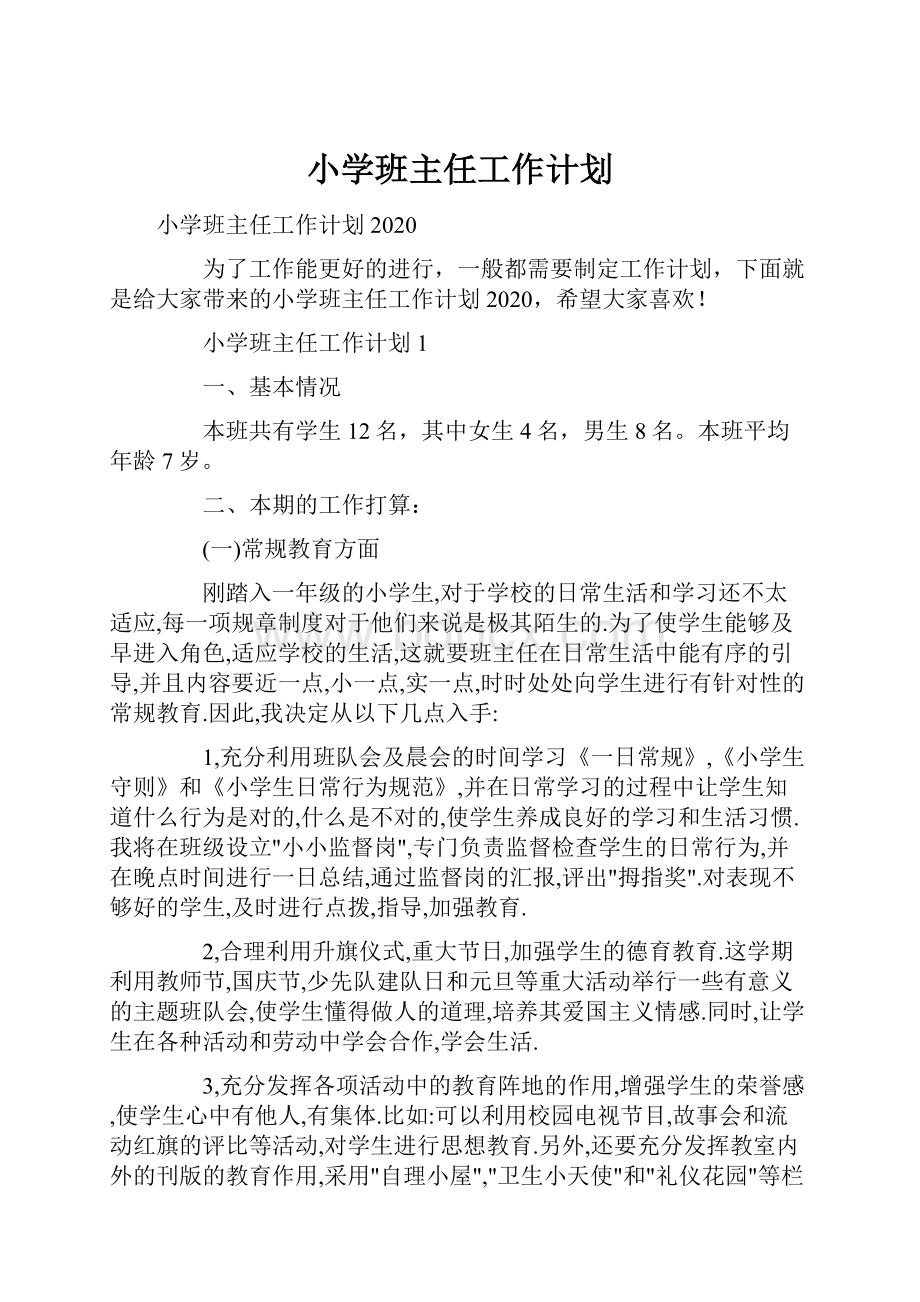 小学班主任工作计划Word文档下载推荐.docx