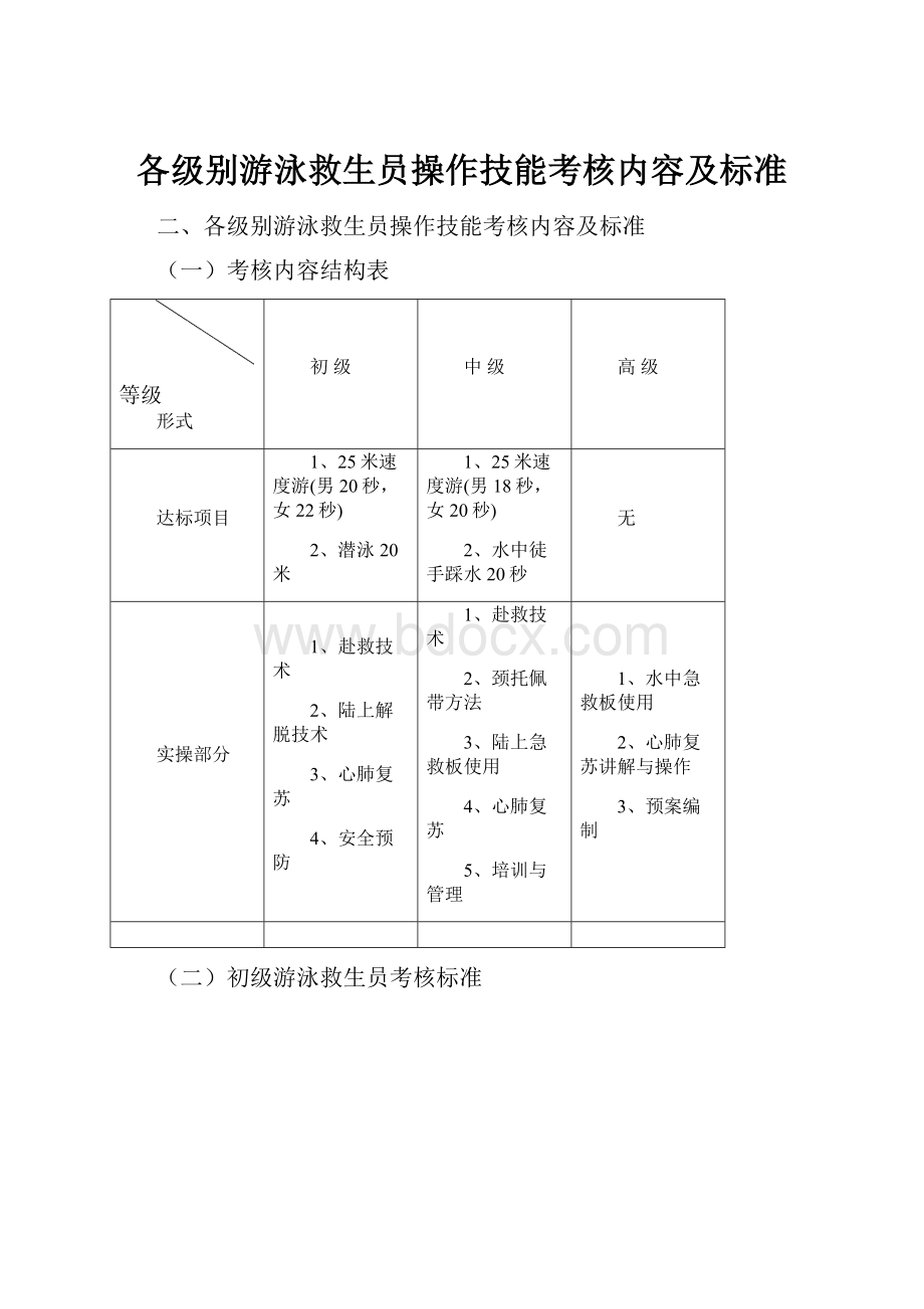 各级别游泳救生员操作技能考核内容及标准Word下载.docx