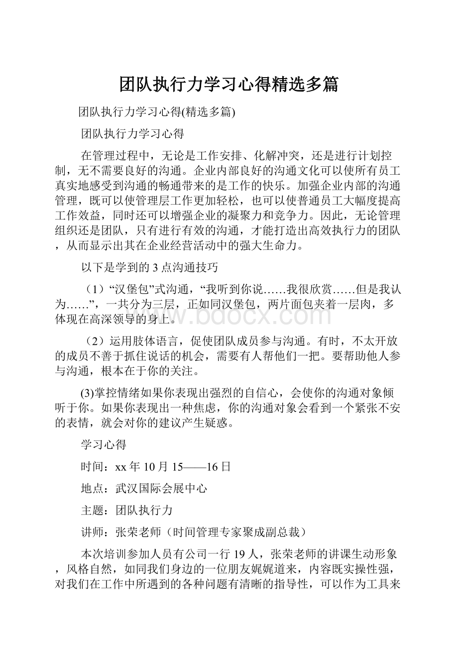 团队执行力学习心得精选多篇Word格式.docx