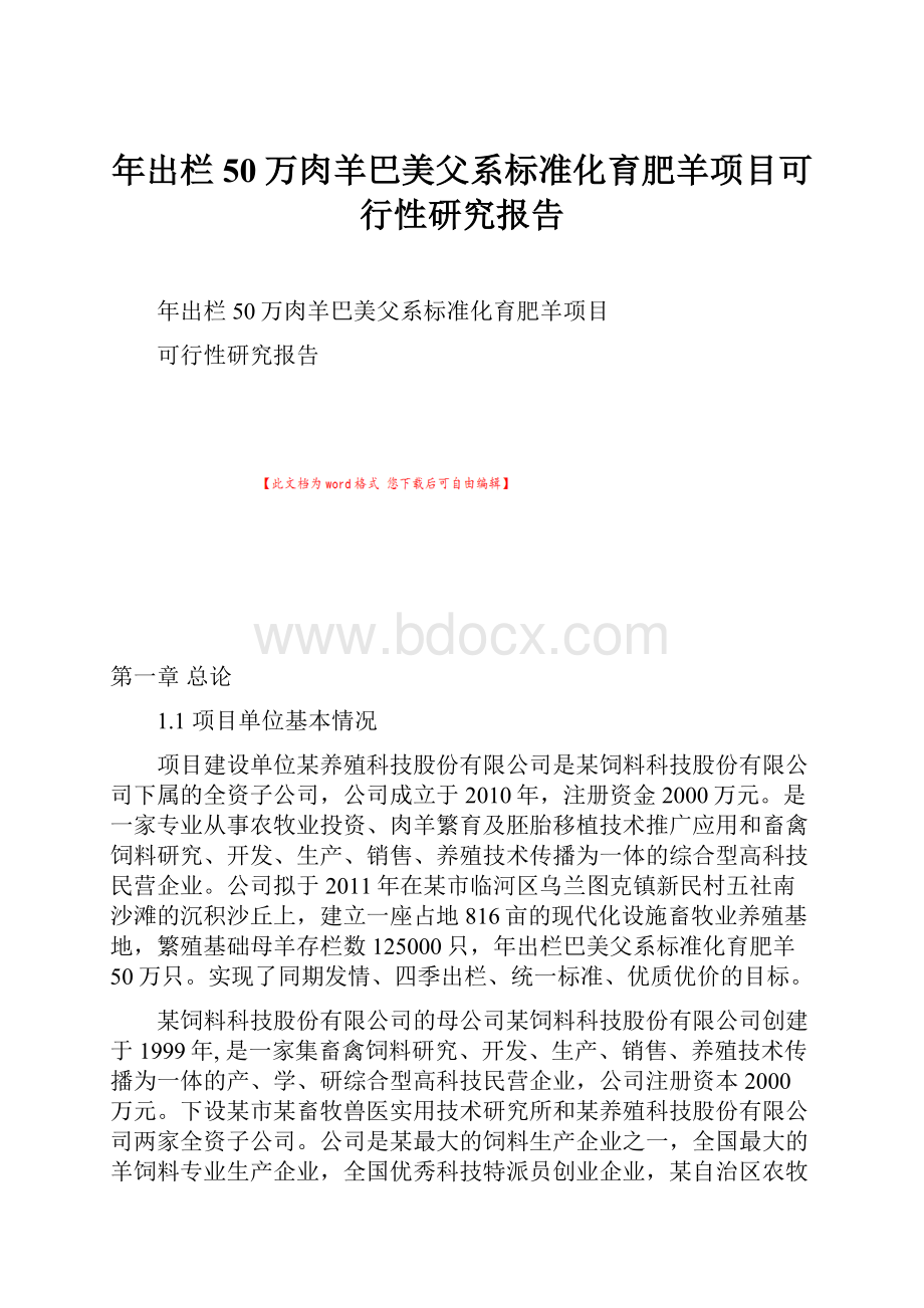 年出栏50万肉羊巴美父系标准化育肥羊项目可行性研究报告Word文档下载推荐.docx