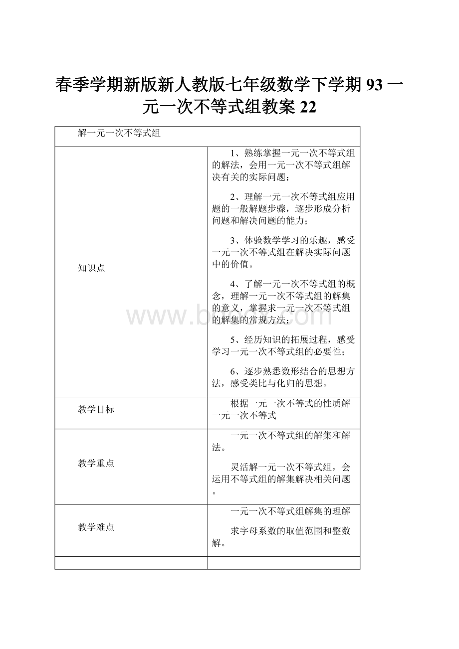 春季学期新版新人教版七年级数学下学期93一元一次不等式组教案22Word文档下载推荐.docx_第1页