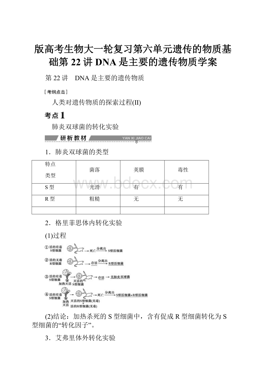 版高考生物大一轮复习第六单元遗传的物质基础第22讲DNA是主要的遗传物质学案Word下载.docx