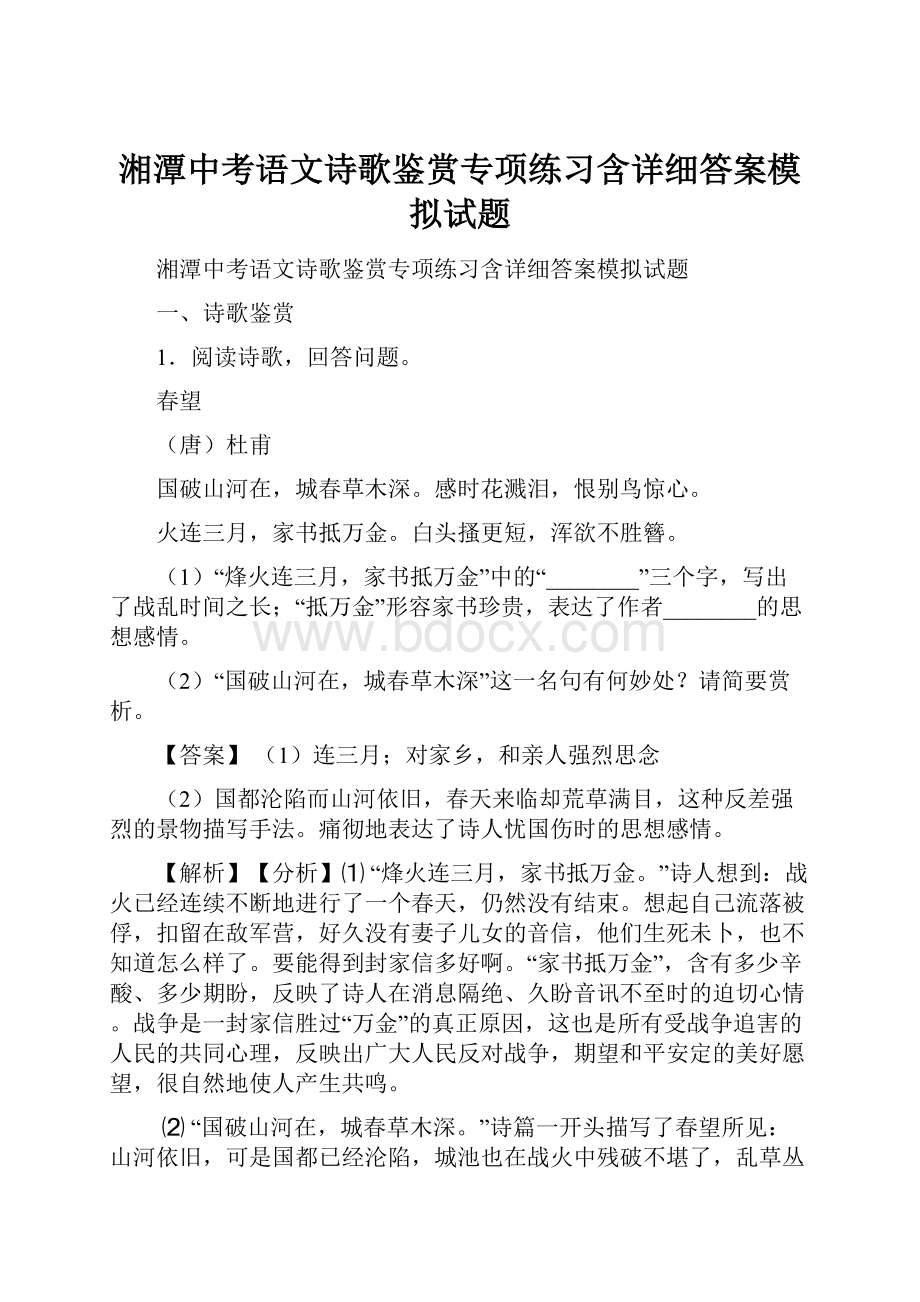 湘潭中考语文诗歌鉴赏专项练习含详细答案模拟试题.docx