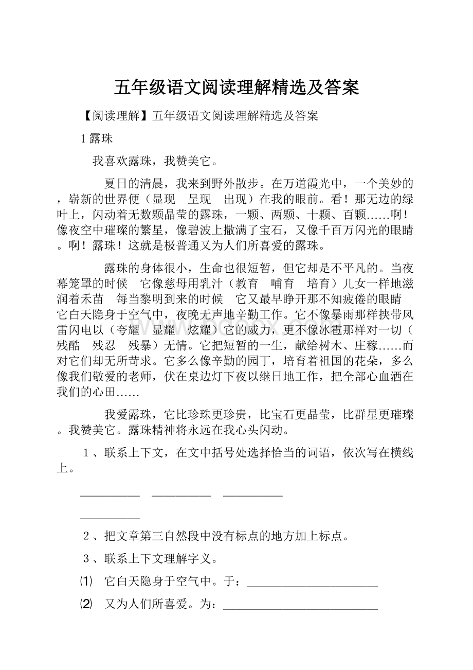 五年级语文阅读理解精选及答案Word格式文档下载.docx_第1页