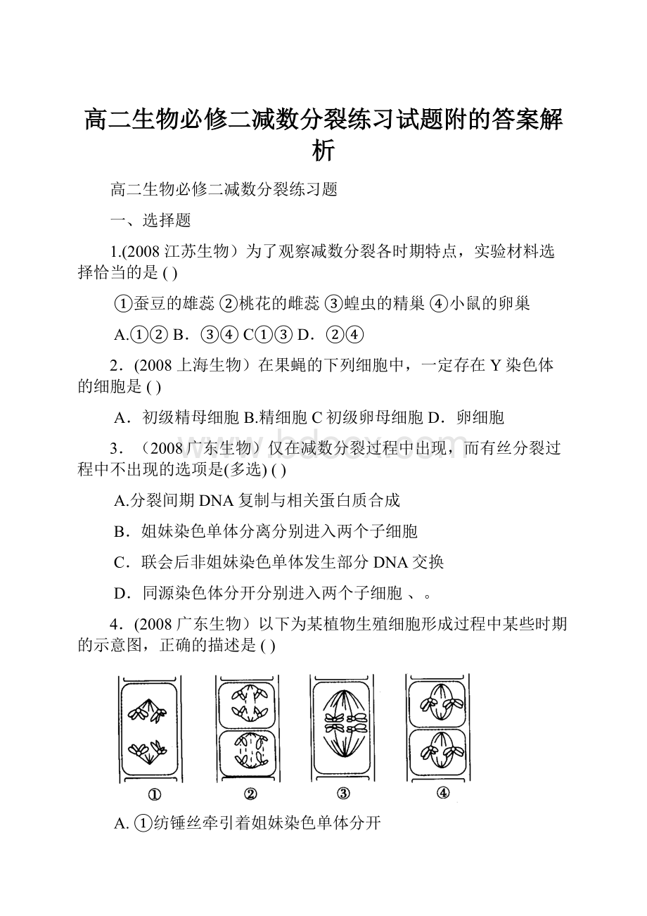 高二生物必修二减数分裂练习试题附的答案解析Word文档下载推荐.docx