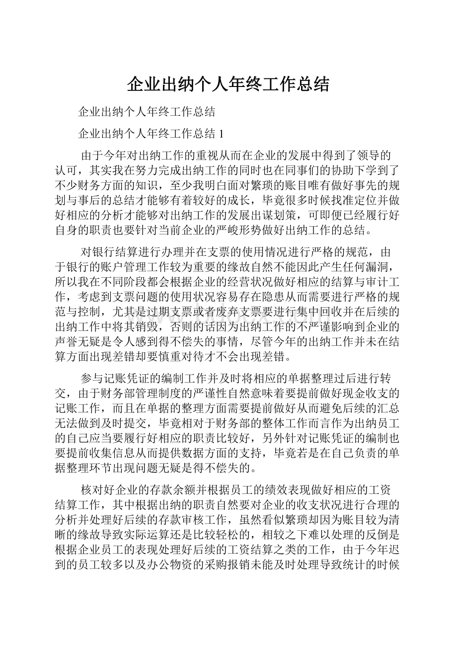 企业出纳个人年终工作总结Word文档格式.docx