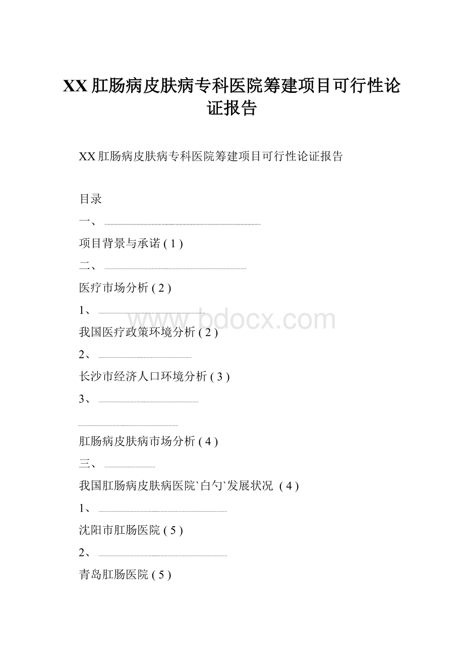 XX肛肠病皮肤病专科医院筹建项目可行性论证报告.docx_第1页