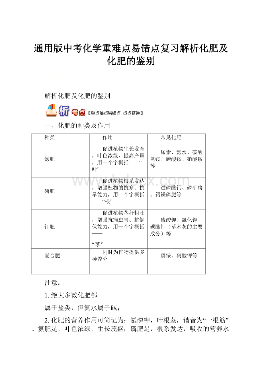 通用版中考化学重难点易错点复习解析化肥及化肥的鉴别Word文档下载推荐.docx_第1页