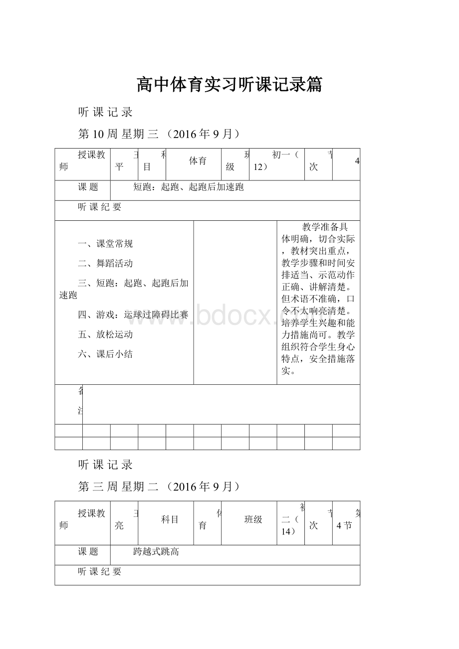 高中体育实习听课记录篇.docx_第1页