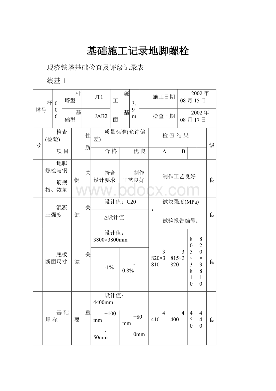 基础施工记录地脚螺栓.docx_第1页