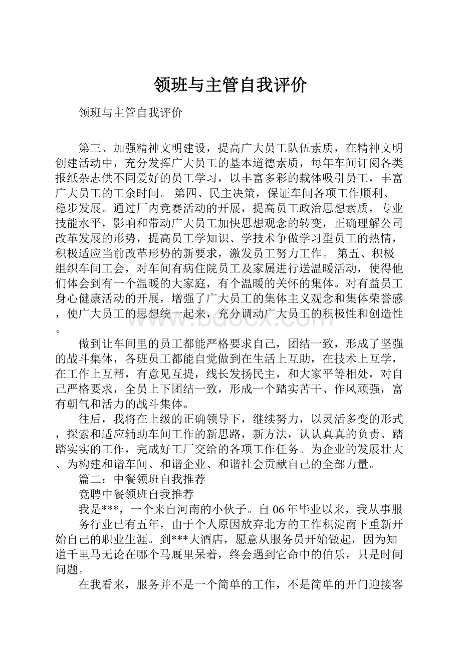 领班与主管自我评价文档格式.docx