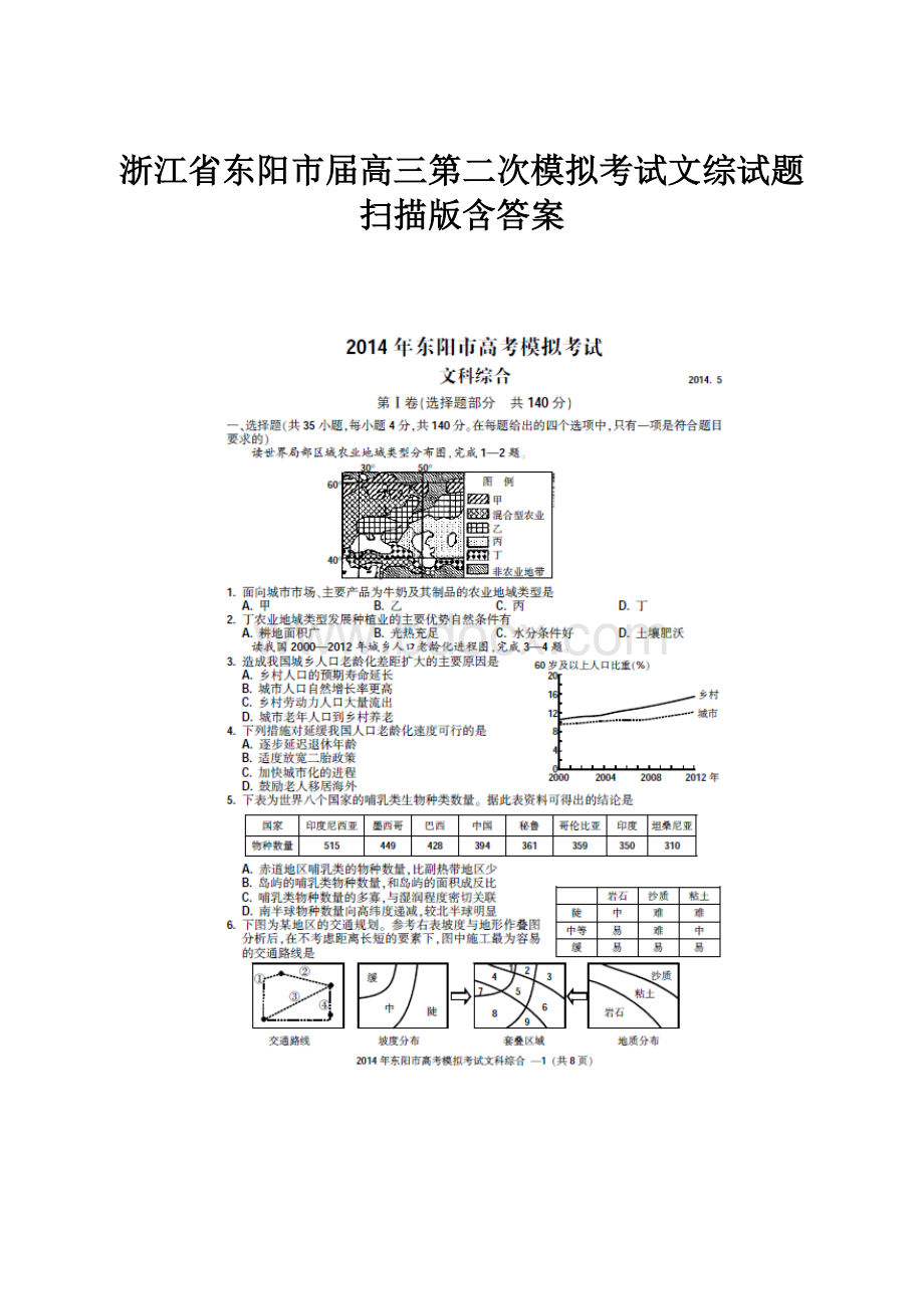 浙江省东阳市届高三第二次模拟考试文综试题 扫描版含答案.docx_第1页