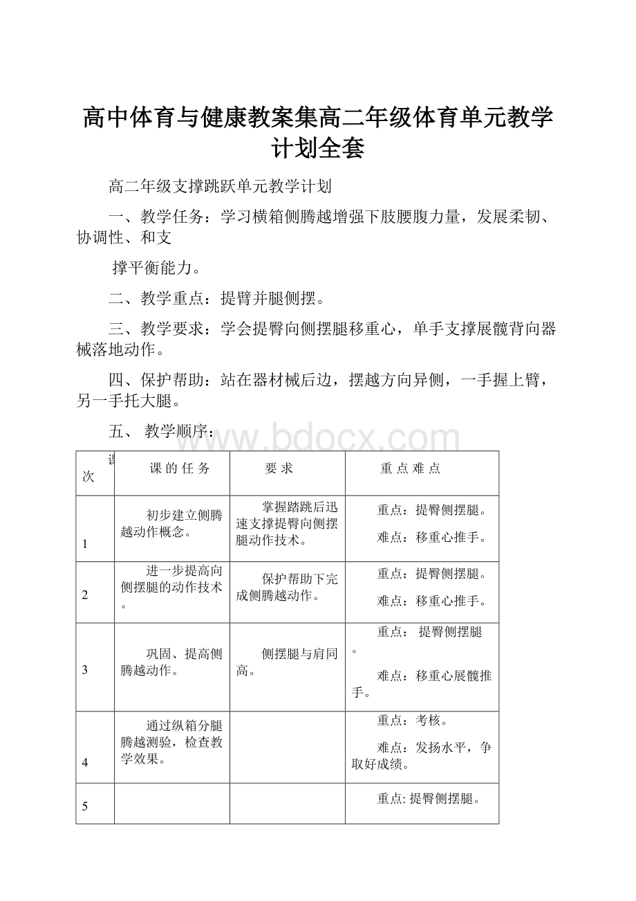 高中体育与健康教案集高二年级体育单元教学计划全套Word文件下载.docx_第1页