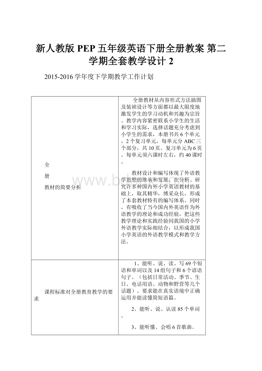 新人教版PEP五年级英语下册全册教案 第二学期全套教学设计 2Word格式.docx