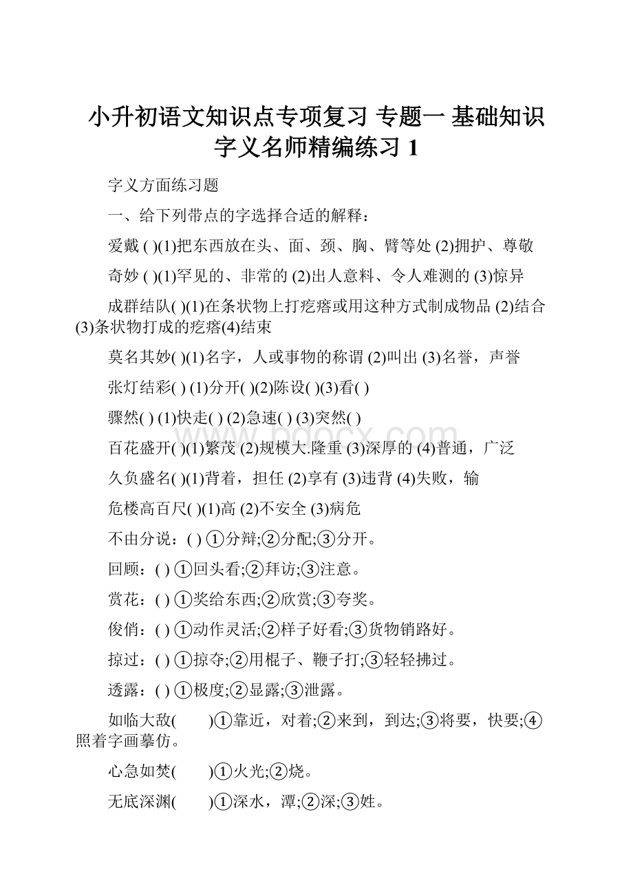 小升初语文知识点专项复习 专题一 基础知识 字义名师精编练习1.docx_第1页