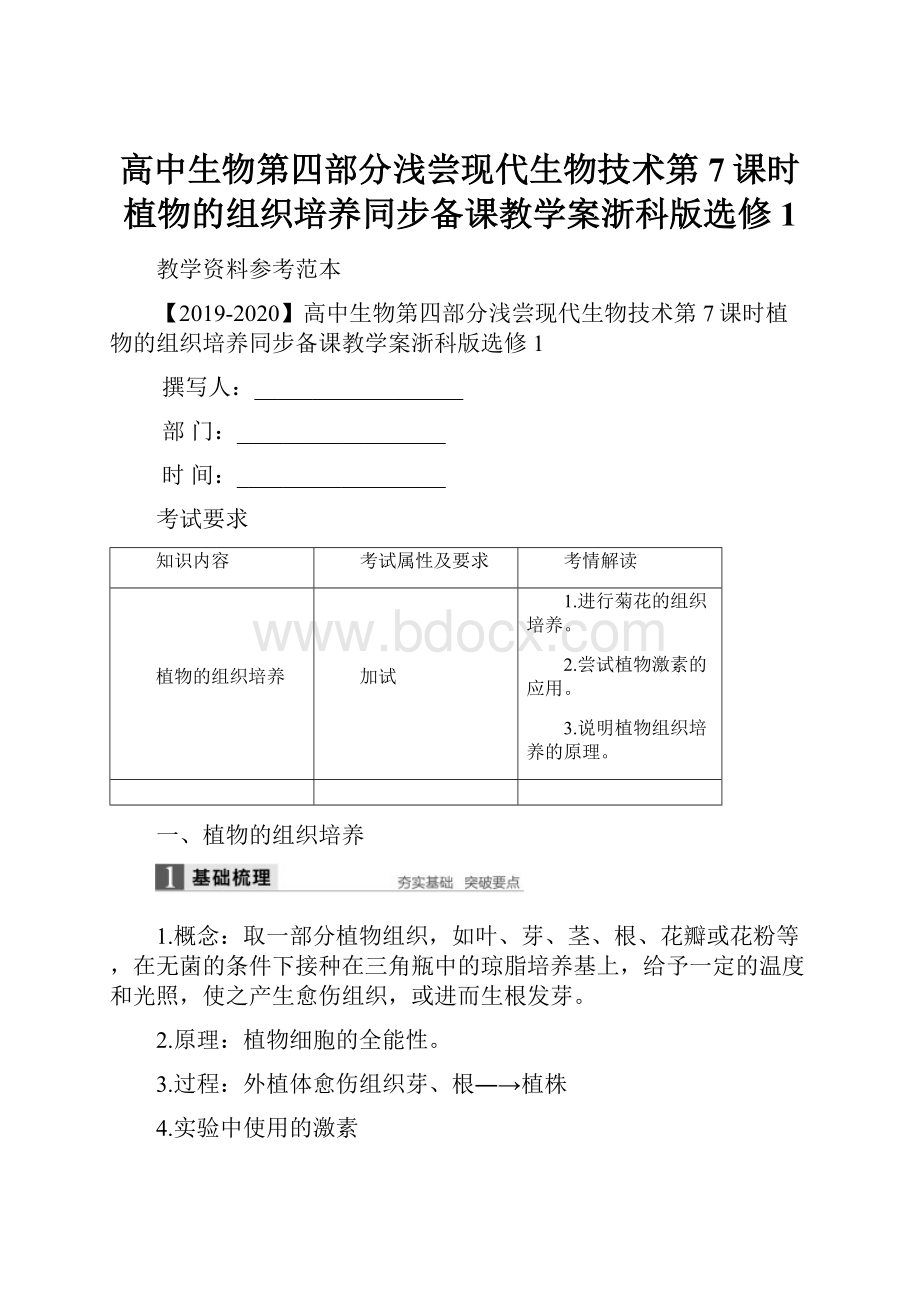 高中生物第四部分浅尝现代生物技术第7课时植物的组织培养同步备课教学案浙科版选修1Word格式文档下载.docx_第1页