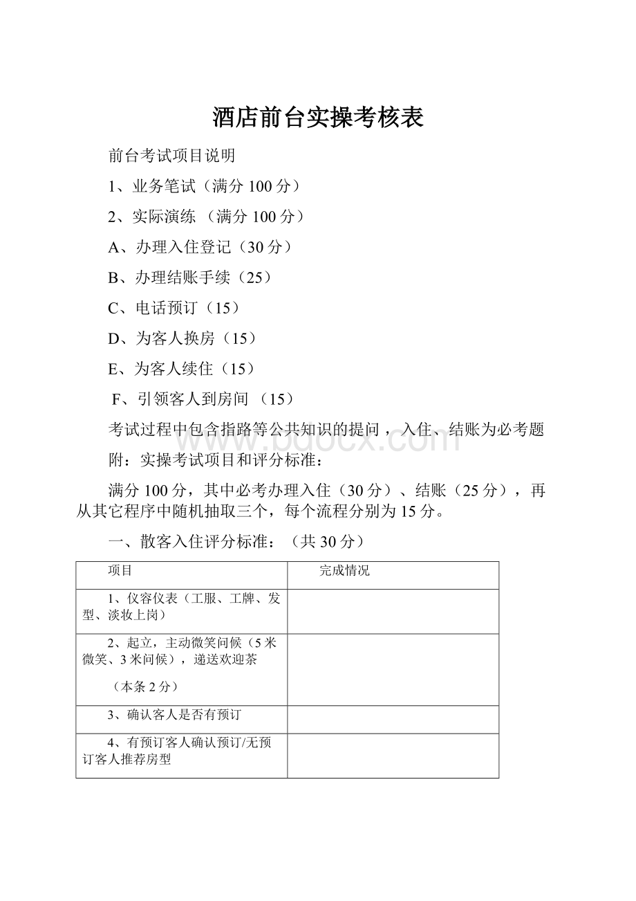 酒店前台实操考核表Word格式文档下载.docx_第1页