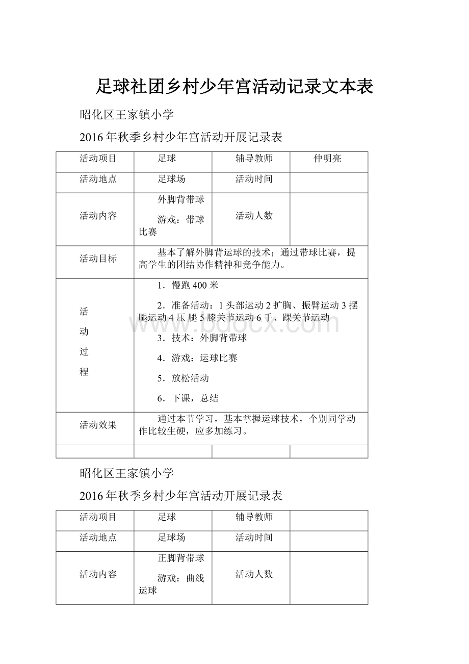 足球社团乡村少年宫活动记录文本表Word格式.docx