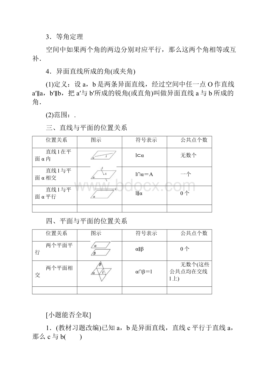 届高考数学一轮复习教学案基础知识 高频考点 解题训练空间点直线平面间的位置关系文档格式.docx_第2页