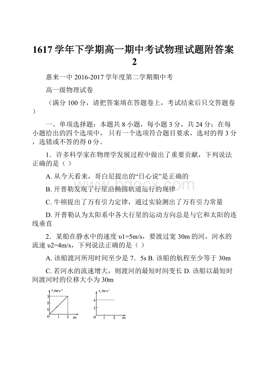 1617学年下学期高一期中考试物理试题附答案2文档格式.docx