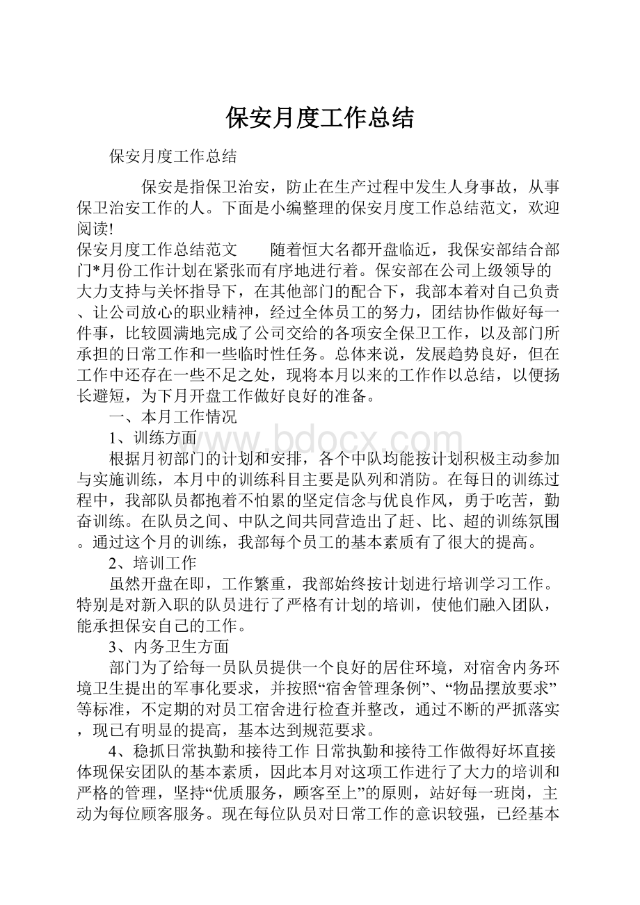 保安月度工作总结文档格式.docx