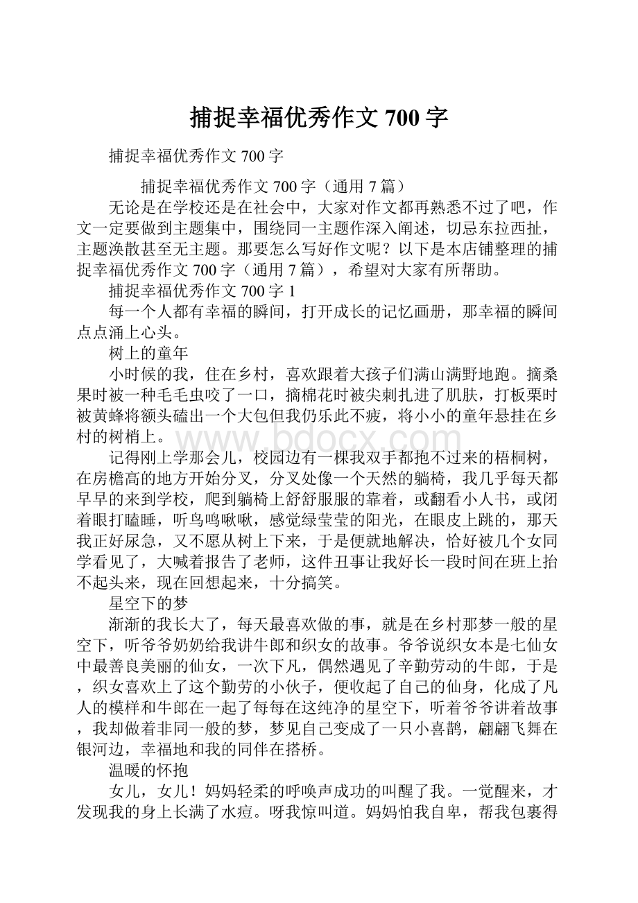 捕捉幸福优秀作文700字文档格式.docx