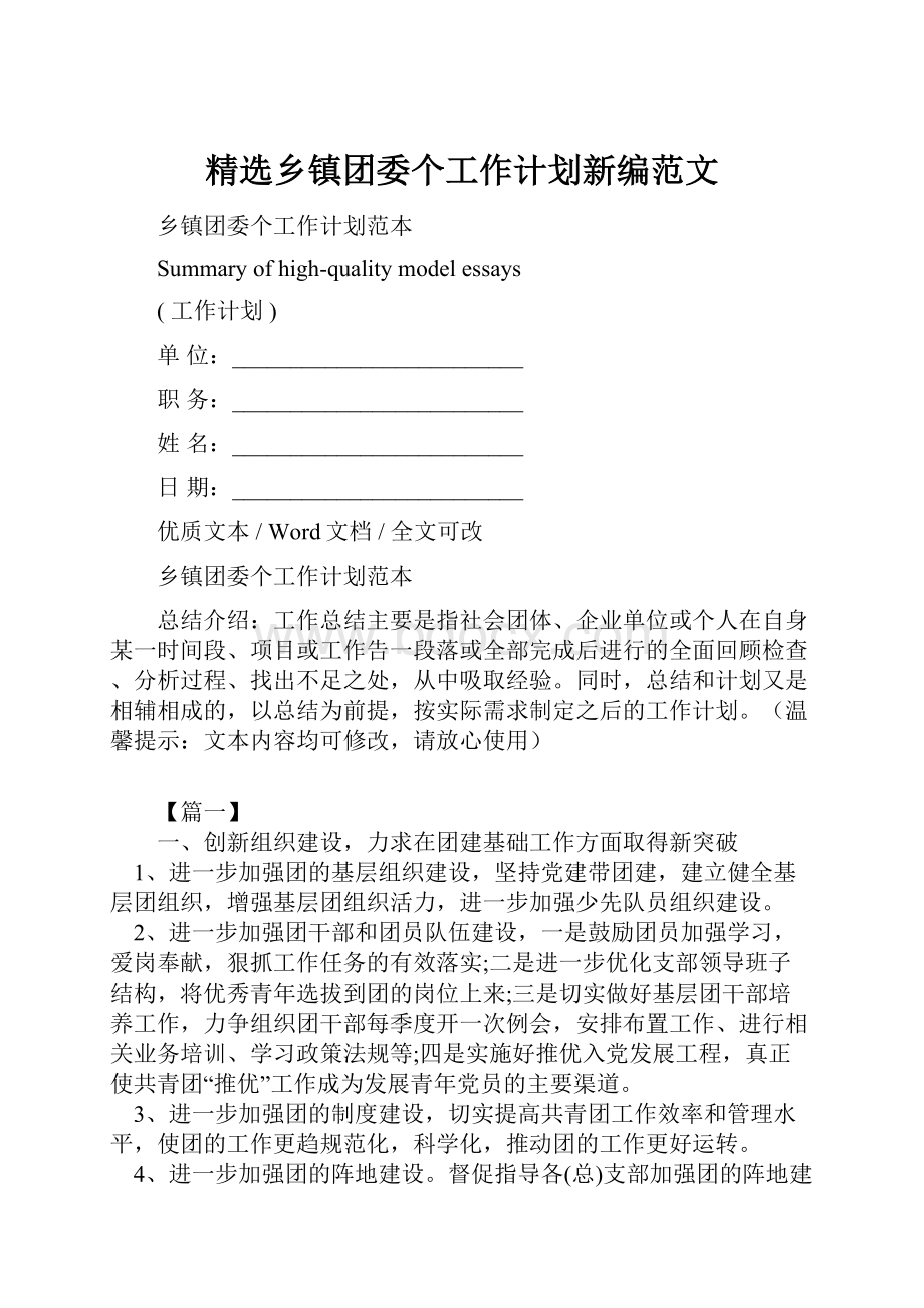 精选乡镇团委个工作计划新编范文.docx