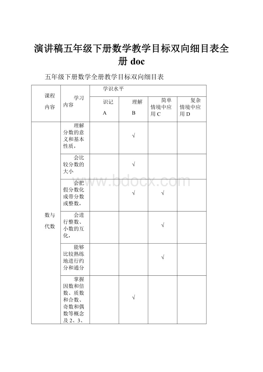 演讲稿五年级下册数学教学目标双向细目表全册doc文档格式.docx