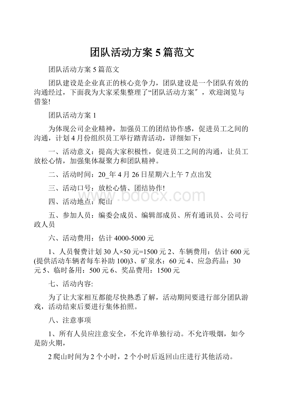 团队活动方案5篇范文Word格式文档下载.docx_第1页