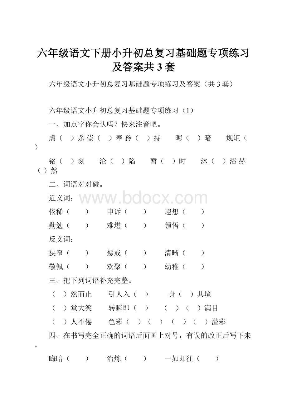 六年级语文下册小升初总复习基础题专项练习及答案共3套.docx_第1页