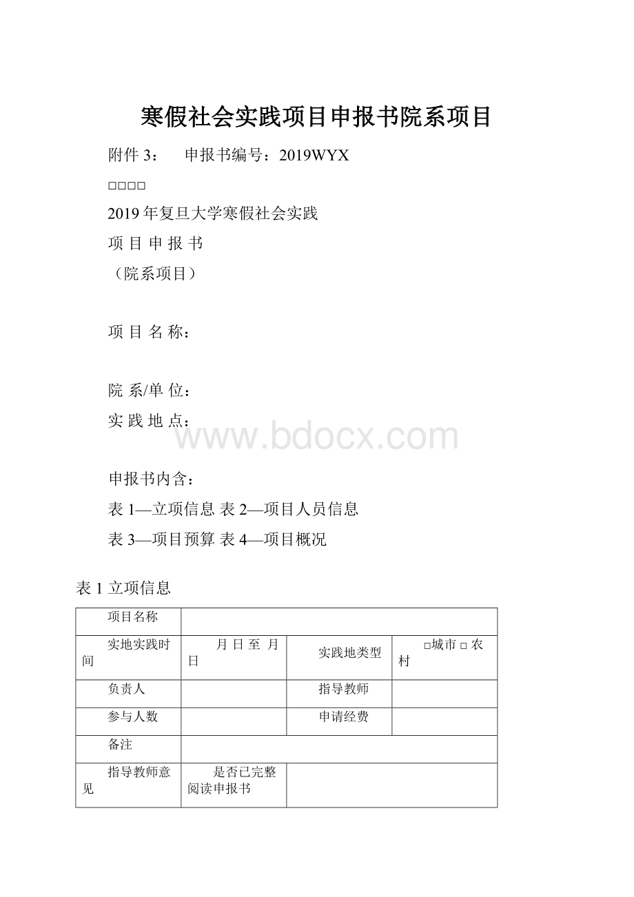 寒假社会实践项目申报书院系项目Word下载.docx