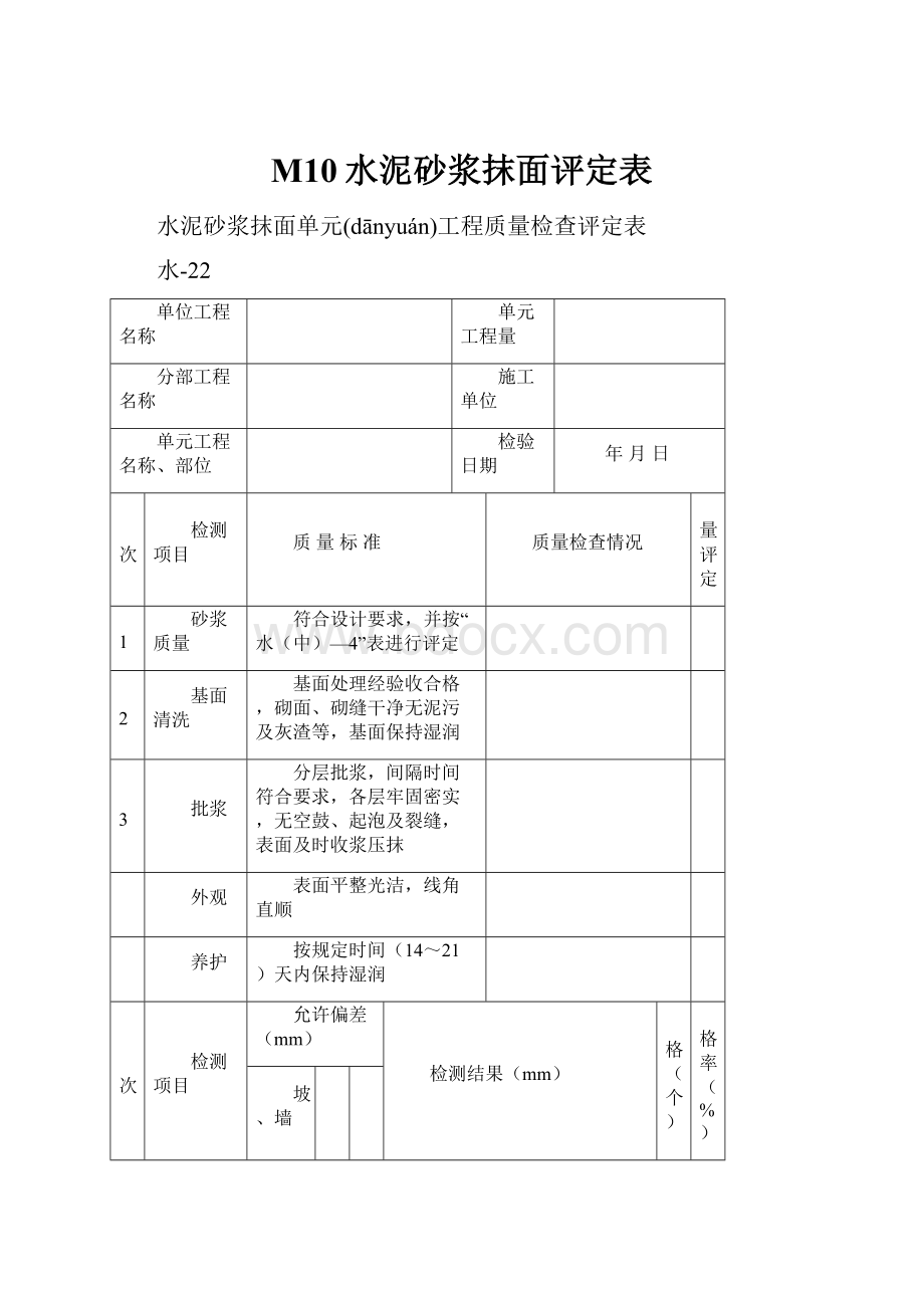 M10水泥砂浆抹面评定表Word文档下载推荐.docx