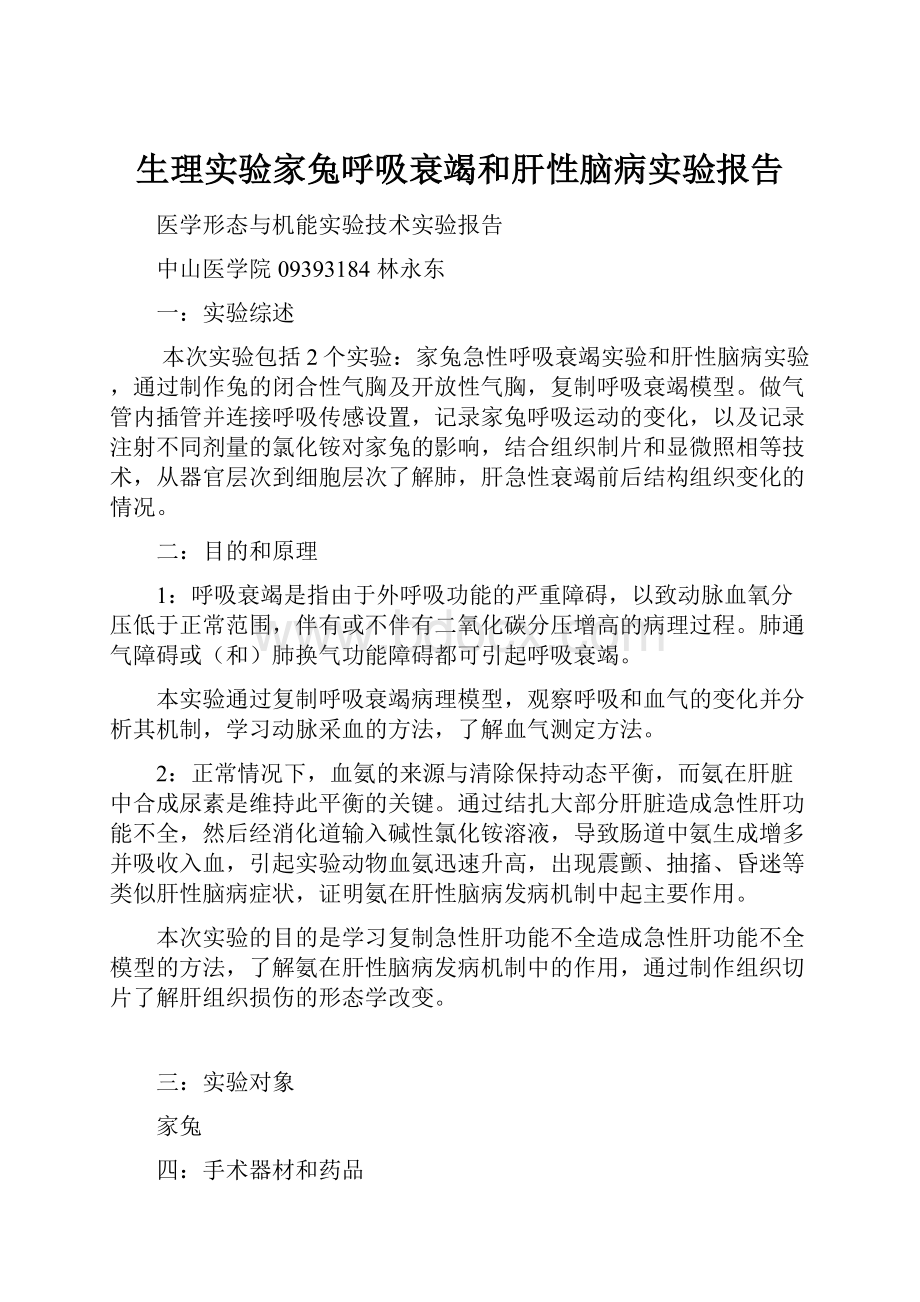 生理实验家兔呼吸衰竭和肝性脑病实验报告Word文档格式.docx