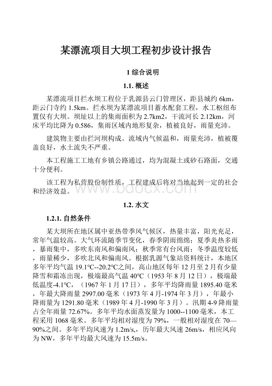 某漂流项目大坝工程初步设计报告Word格式.docx