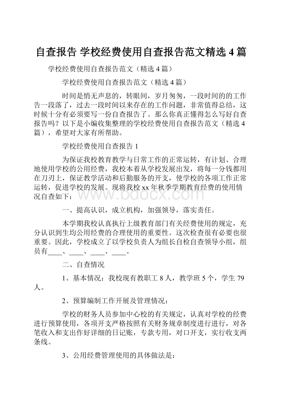 自查报告 学校经费使用自查报告范文精选4篇.docx_第1页