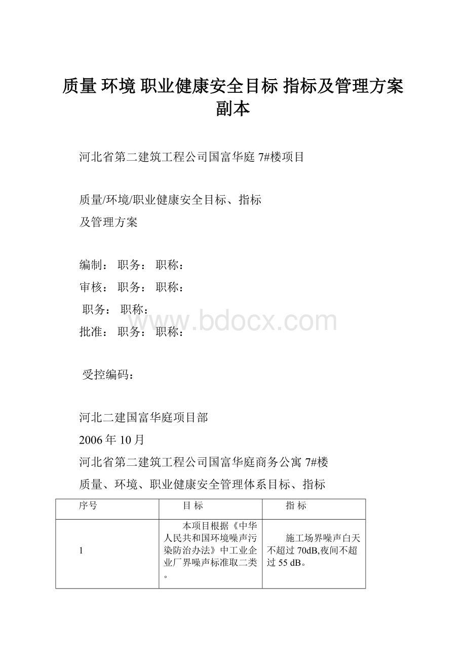 质量 环境 职业健康安全目标 指标及管理方案 副本.docx