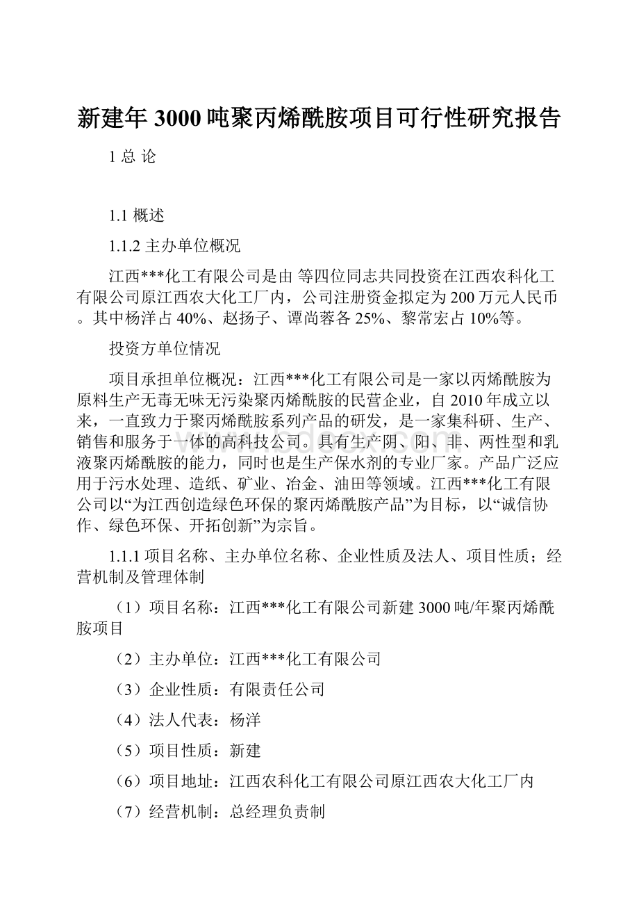 新建年3000吨聚丙烯酰胺项目可行性研究报告Word文档格式.docx