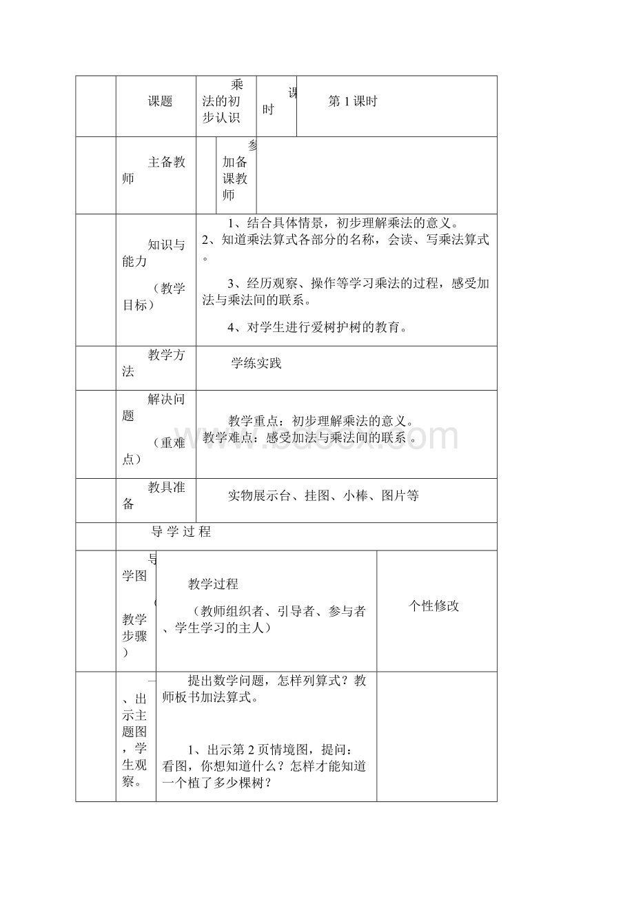 新秋学期新西师大版二年级数学上册全册表格教案.docx_第2页