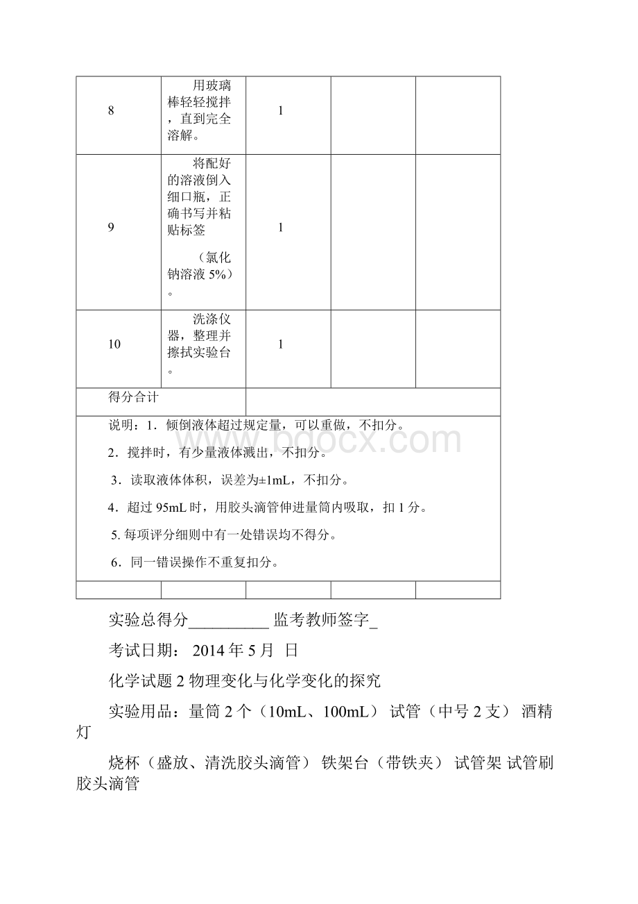 精选初中化学实验操作考试及评分标准资料.docx_第3页