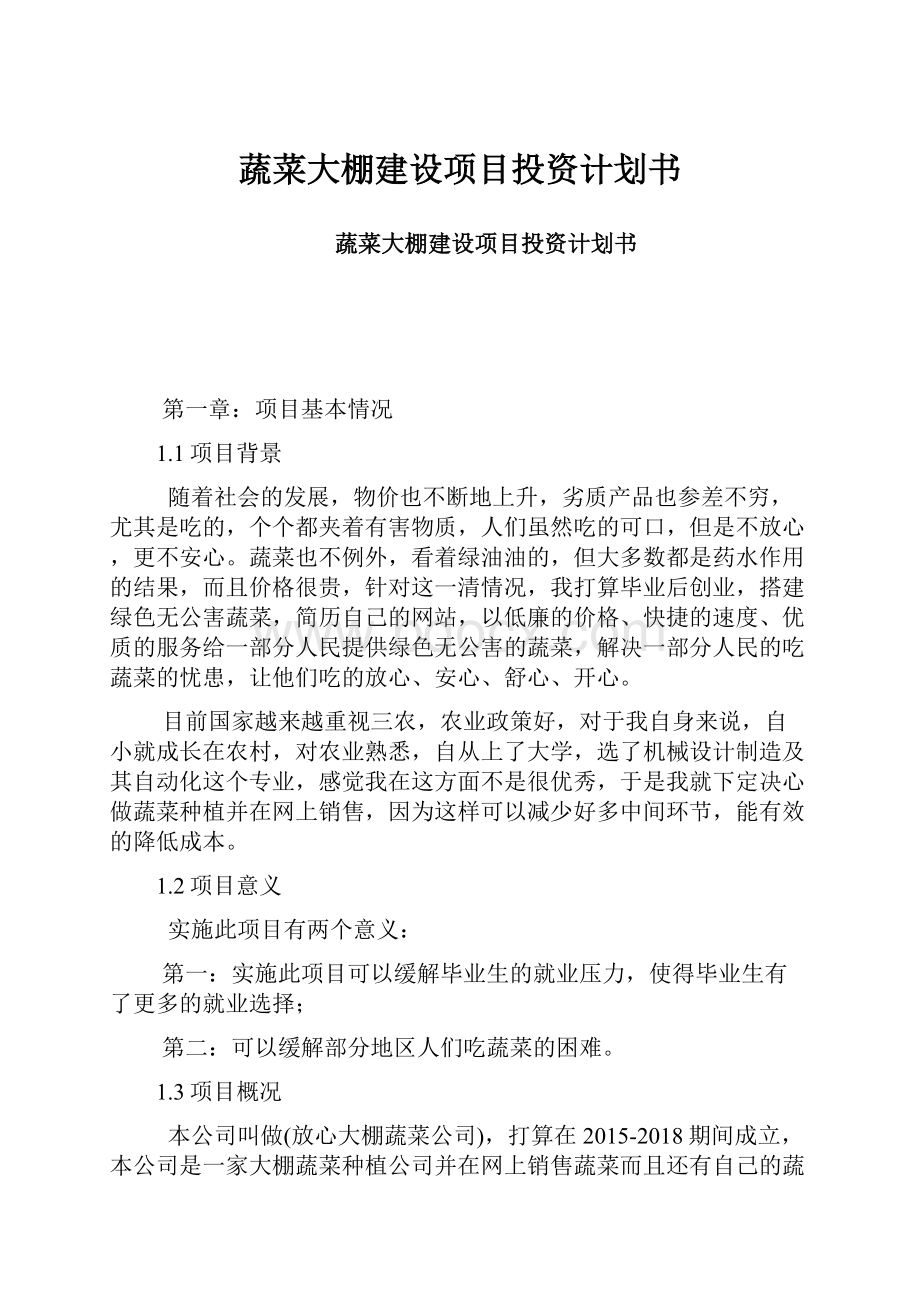 蔬菜大棚建设项目投资计划书Word文档下载推荐.docx