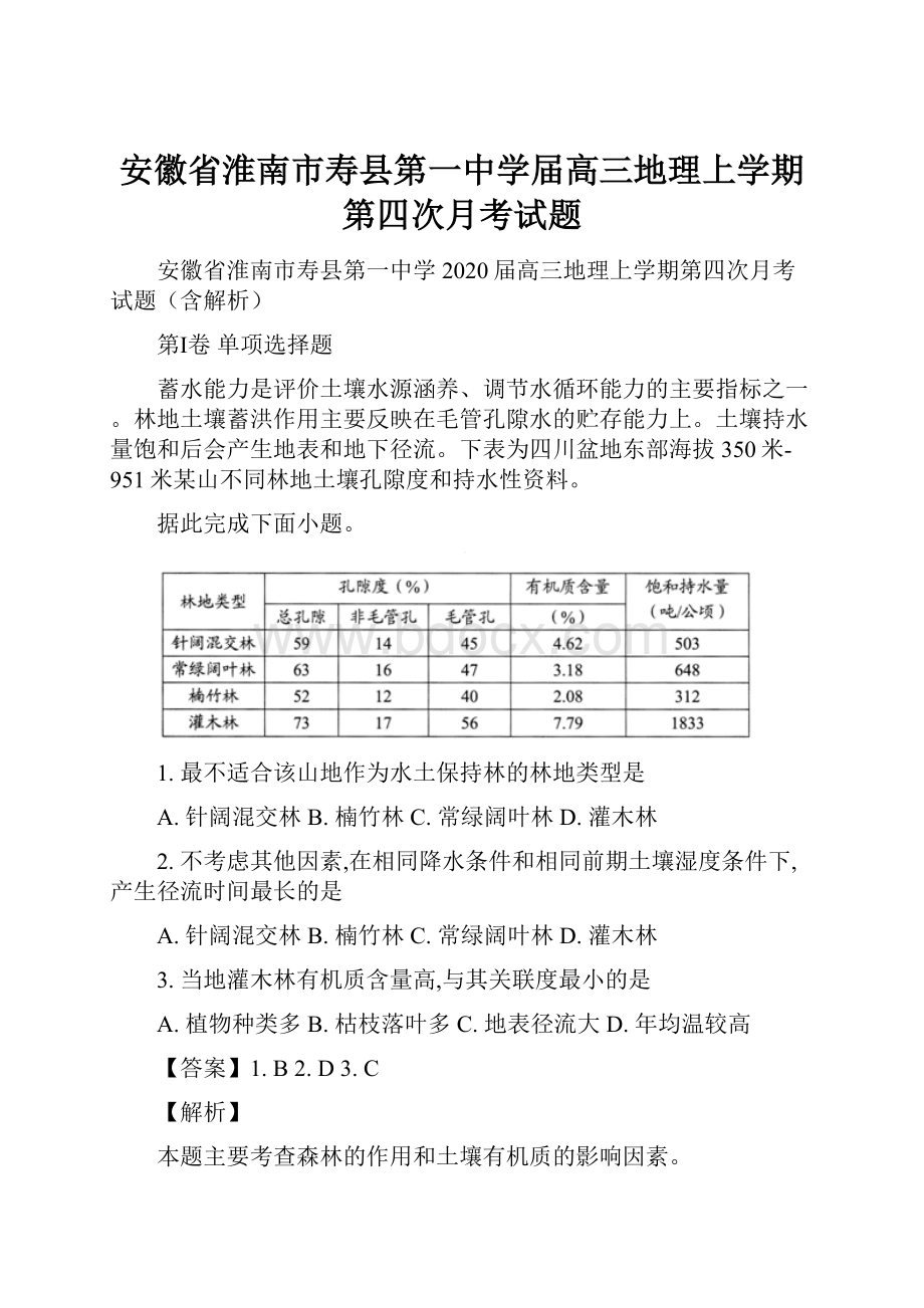 安徽省淮南市寿县第一中学届高三地理上学期第四次月考试题.docx